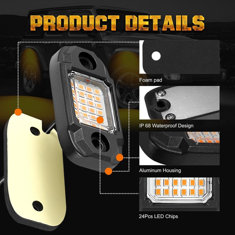 LY8 4 Pods Yellow LED Rock Light Waterproof Neon Trail Rig Lamp Underglow Lights for Car Truck Motorcycle Boat SUV ATV UTV (Yellow) - Image 3